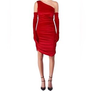 Miscreants Red Velvet One Shoulder Mini Dress w/ Gloves | Size US 6 UK 10